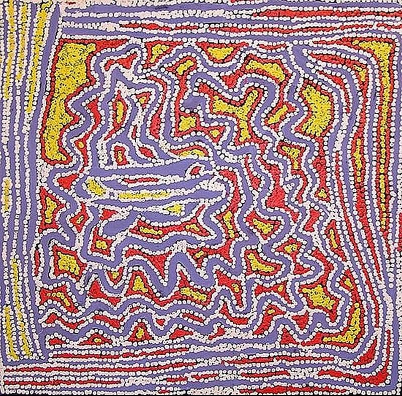 Untitled (2005) by Tommy Watson, acrylic on linen featuring intricate lavender, white, crimson and yellow dotted pathways in a compact abstract depiction of Western Desert Country.