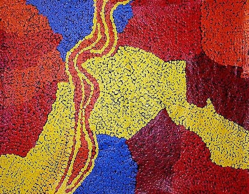 Untitled (2005) by Tommy Watson, acrylic on linen featuring bold fields of crimson, ochre, yellow and blue intersected by flowing dotted pathways in an abstract depiction of Western Desert Country.