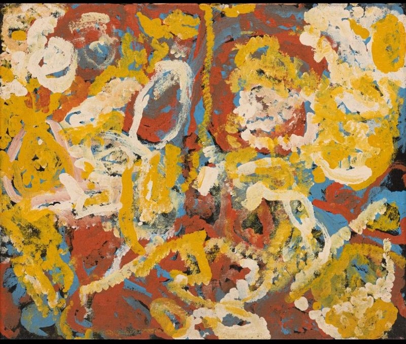 Untitled (Mugilypa Shrub) by Makinti Napanangka, 1996, synthetic polymer paint on linen, 47 × 38 cm.