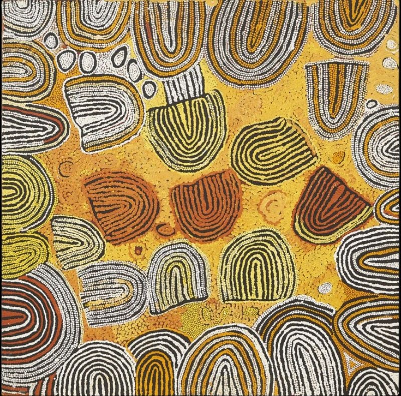 Untitled (Designs Associated with the Rockhole Site of Marrapinti) (2000) by Naata Nungurrayi, synthetic polymer paint on linen depicting rolling sandhills through rhythmic bands of dotting in ochre, cream, black and white.