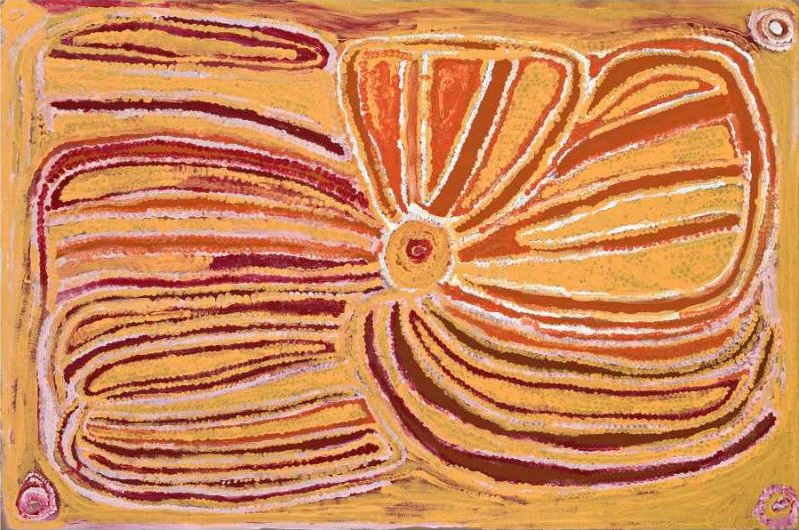 Ikara Rockhole by Eubena Nampitjin, 1997 acrylic painting depicting Country in the Great Sandy Desert, Western Australia.