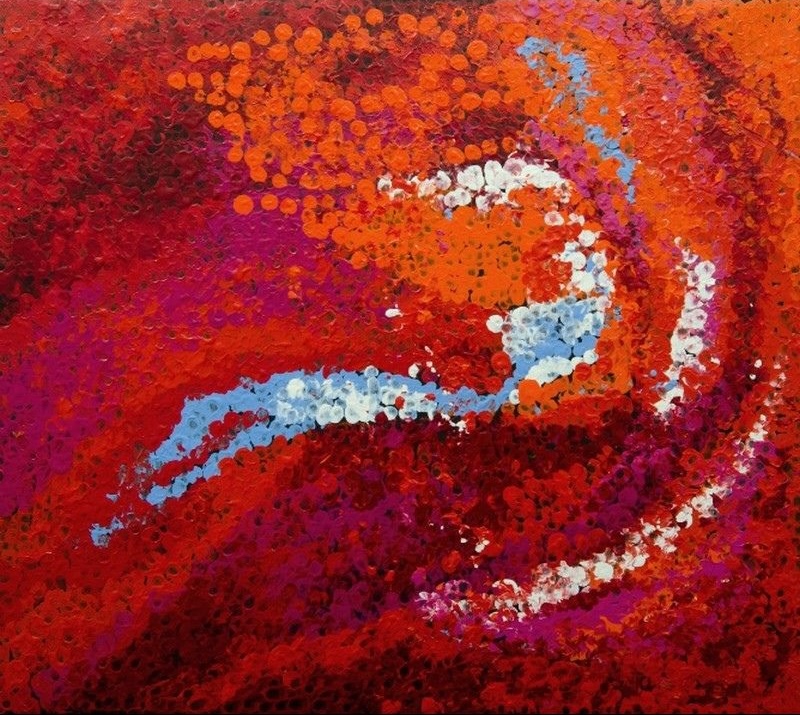 Untitled (2016) by Tommy Watson, acrylic on linen with rich crimson, magenta and orange colour fields enlivened by white and pale blue dotted forms representing ancestral Pitjantjatjara Country.