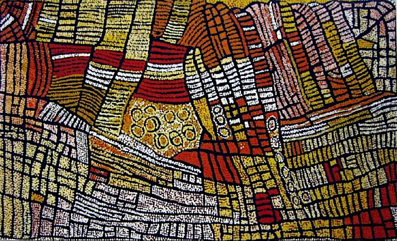 Naata Nungurrayi painting Untitled (2004), featuring interwoven striped sandhill forms, geometric ceremonial pathways and concentric motifs in ochre, red, cream, yellow and black.