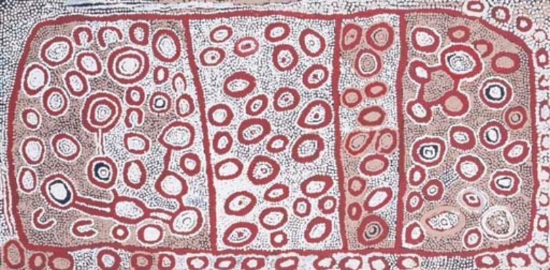 Untitled (1999) by Naata Nungurrayi, synthetic polymer paint on linen featuring flowing abstract forms inspired by the ceremonial landscapes of Pintupi Country.