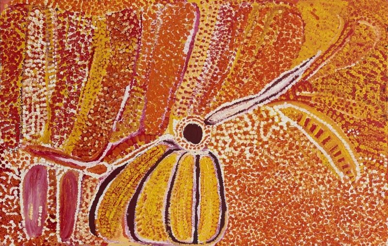 Ikara Rockhole by Eubena Nampitjin, 2000 acrylic painting depicting Country in the Great Sandy Desert, Western Australia.