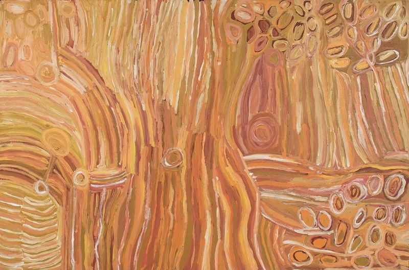 Untitled (Hairstring at Lupulnga Rock Hole) by Makinti Napanangka, 2004, synthetic polymer paint on Belgian linen, 120 × 183 cm.