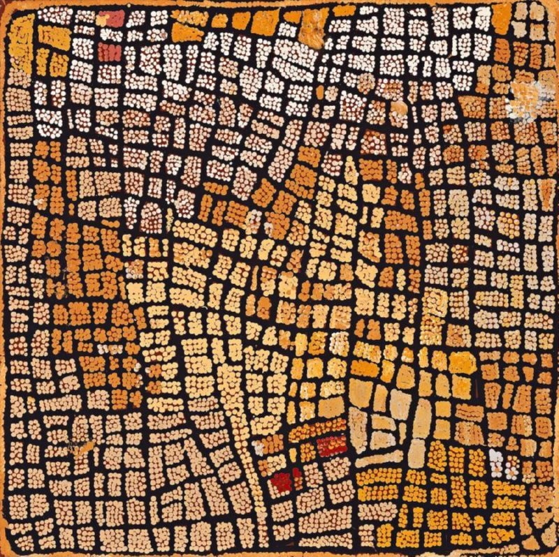 Naata Nungurrayi painting Untitled (Yunala) (2004), featuring an intricate network of cream, ochre and orange dotted pathways on a black ground representing the Yunala rockhole and surrounding sandhills in Pintupi Country.