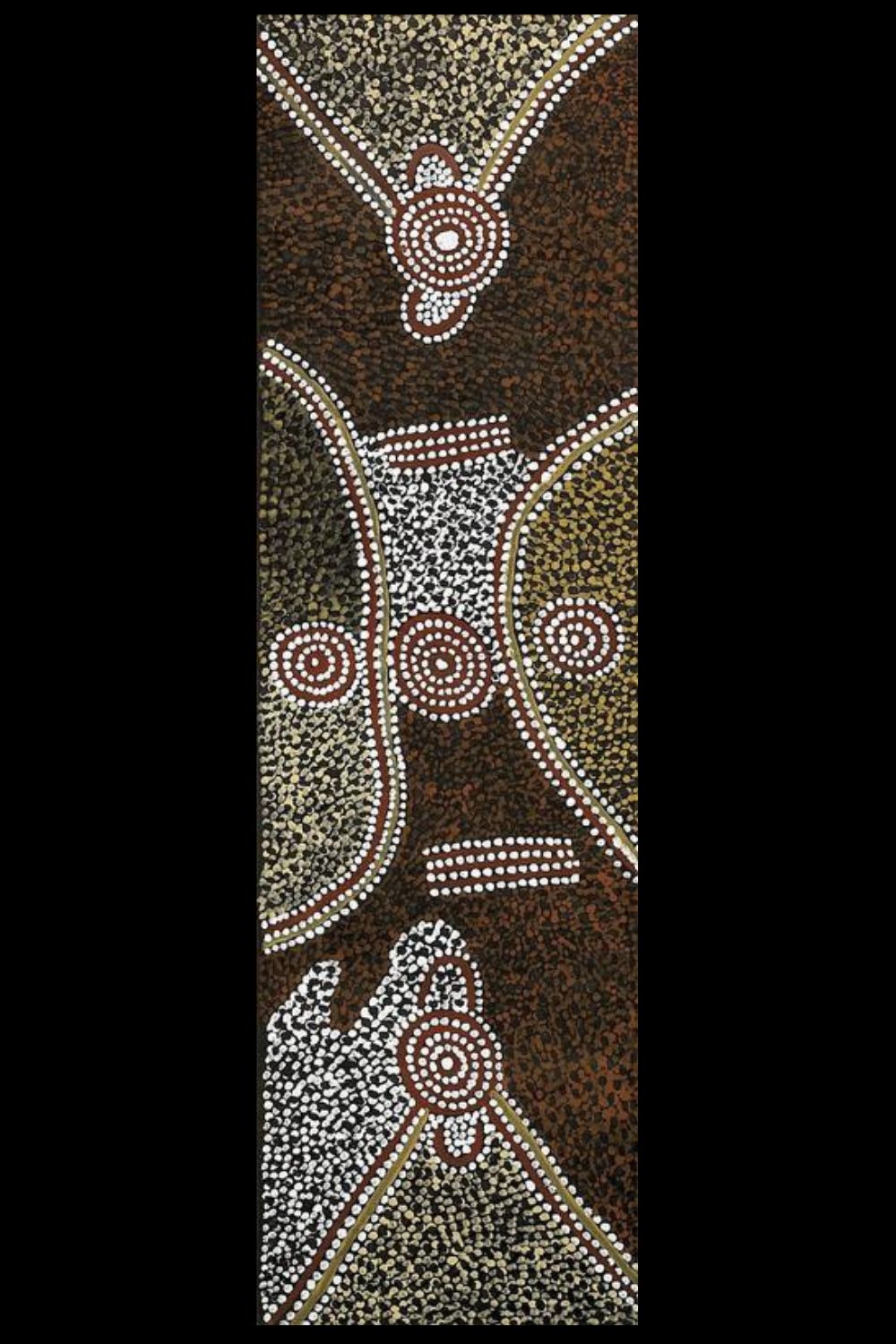 Early Papunya Board painting by Charlie Egalie Tjapaltjarri featuring concentric circles, connecting pathways and dense dot work representing Dreaming sites across Country.