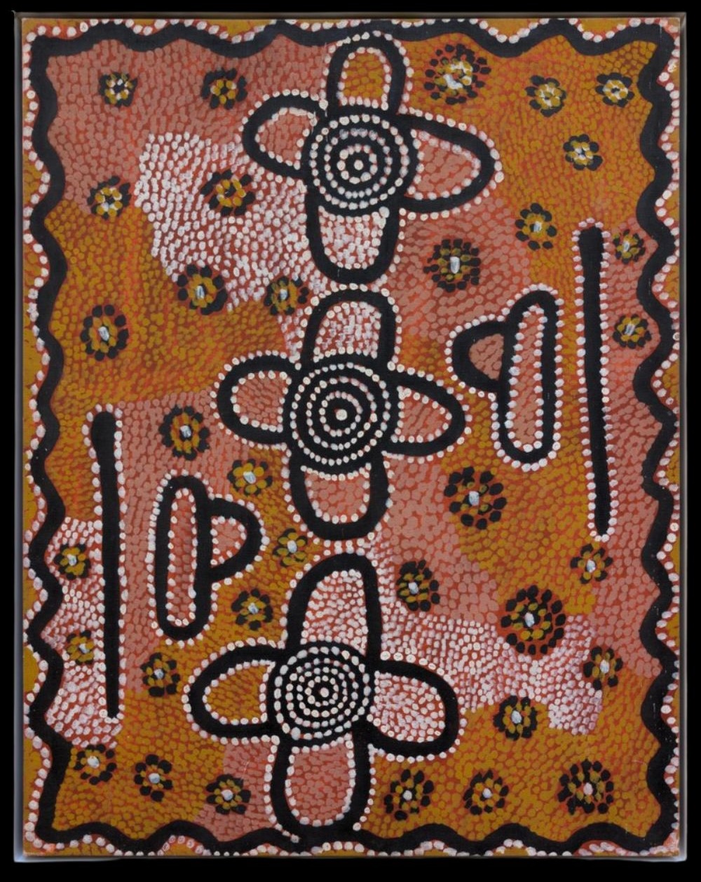 Canvas painting by Charlie Egalie Tjapaltjarri featuring concentric circles, ceremonial motifs and dotted Western Desert designs representing Dreaming stories.