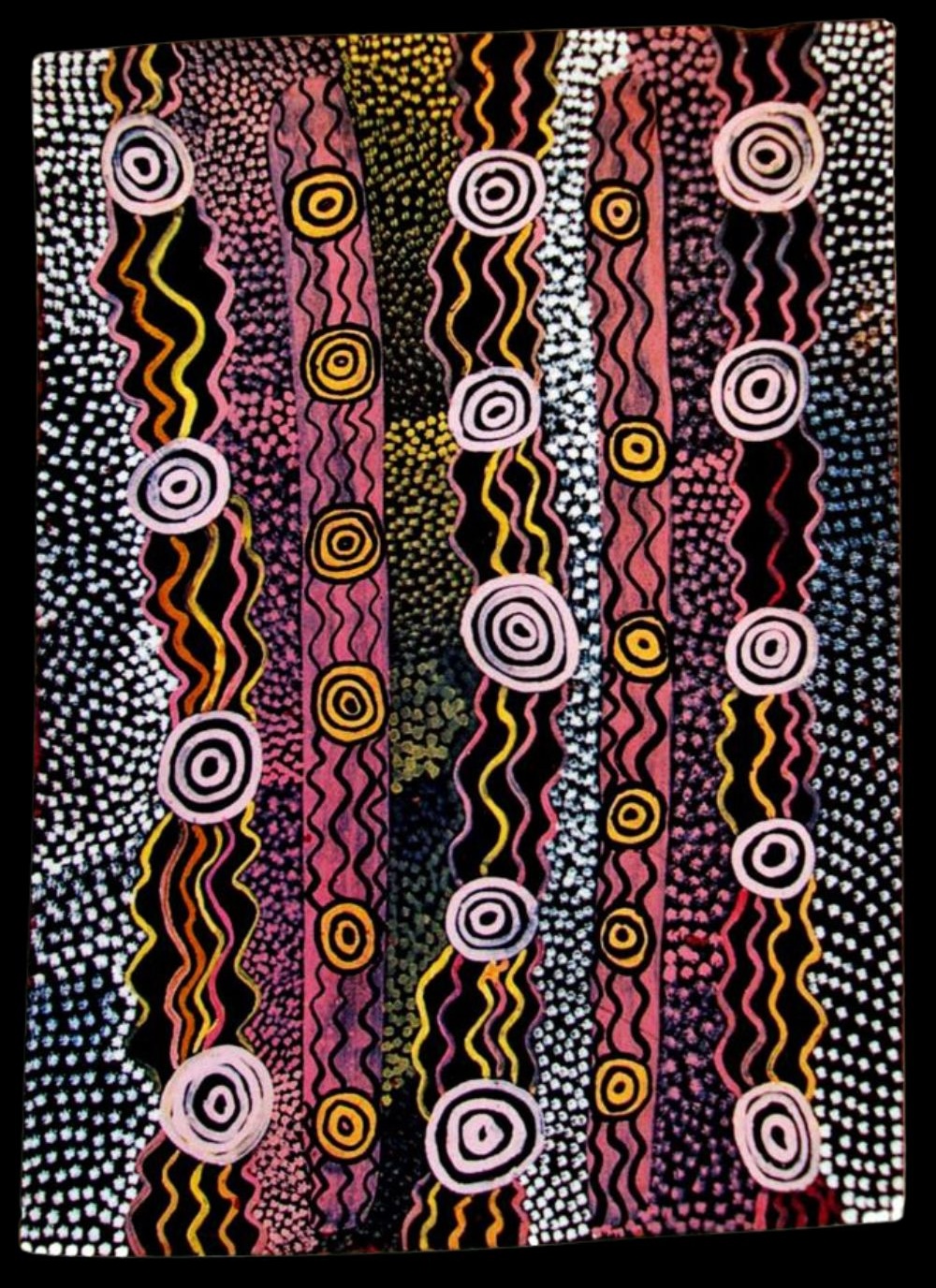 Early Papunya Board by Charlie Egalie Tjapaltjarri featuring vertical Dreaming pathways, concentric circles and dotted Western Desert symbols painted in acrylic around 1972.