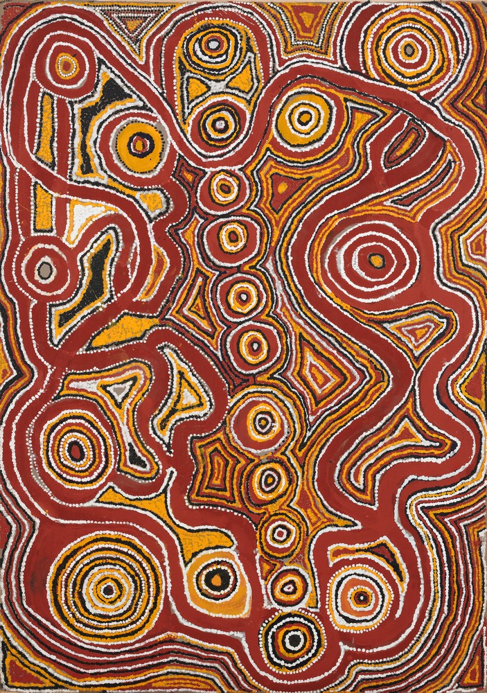 Sandfrog Dreaming Near Lappi Lappi by Charlie Ward Tjakamarra, 1989, depicting interconnected waterholes, Dreaming tracks and ancestral pathways in the Western Desert style.