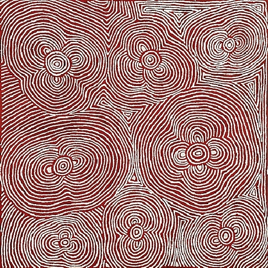 Travels of Two Tingari Women by Charlie Ward Tjakamarra, assisted by Yukultji Napangati, 2000, featuring concentric circles and flowing lines representing Tingari journeys across the Western Desert.