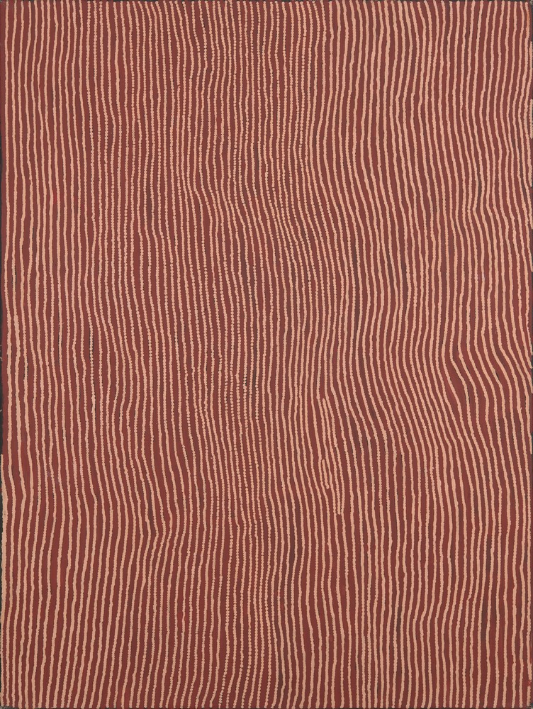 Untitled by Charlie Ward Tjakamarra, 2001, featuring fine parallel dot lines representing the Tingari ancestral journey across the Western Desert.