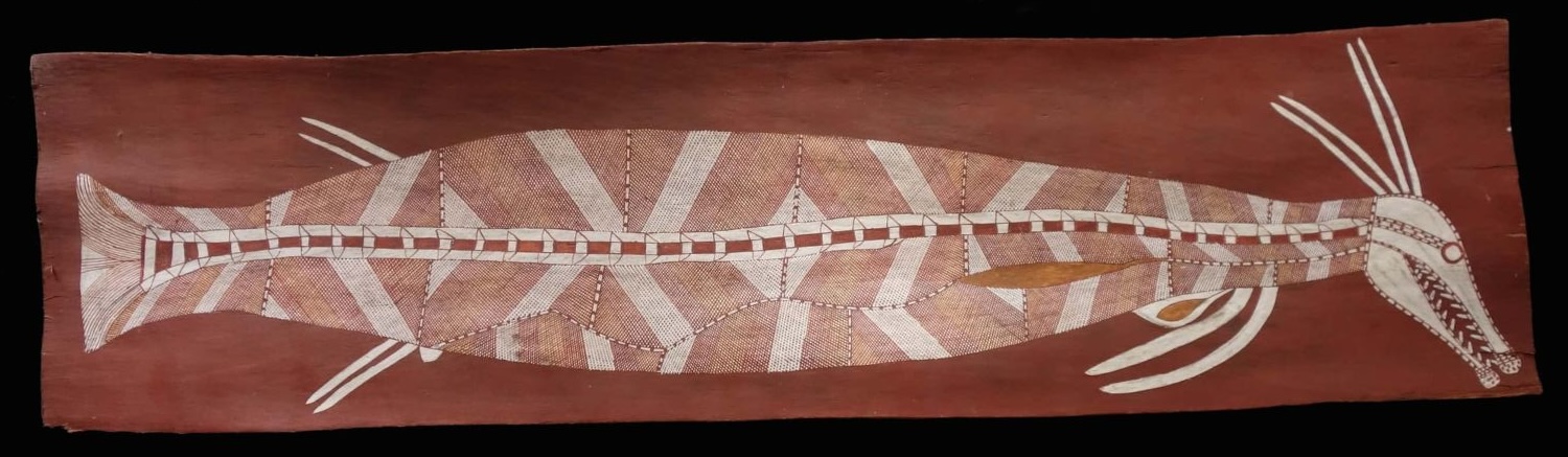 David Milaybuma bark painting depicting the Rainbow Serpent in natural ochres on eucalyptus bark, Western Arnhem Land
