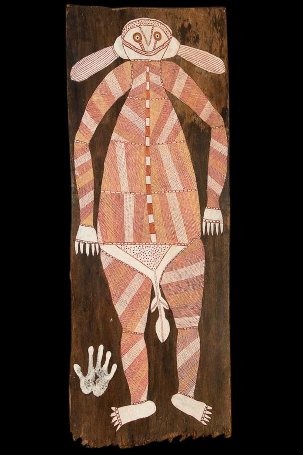 David Milaybuma bark painting depicting Lumaluma (Lumahlumah) spirit figure in natural ochres on eucalyptus bark.