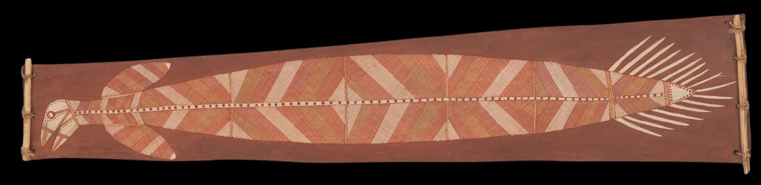David Milaybuma bark painting of a Yawkyawk water spirit in natural ochres on eucalyptus bark, Western Arnhem Land.
