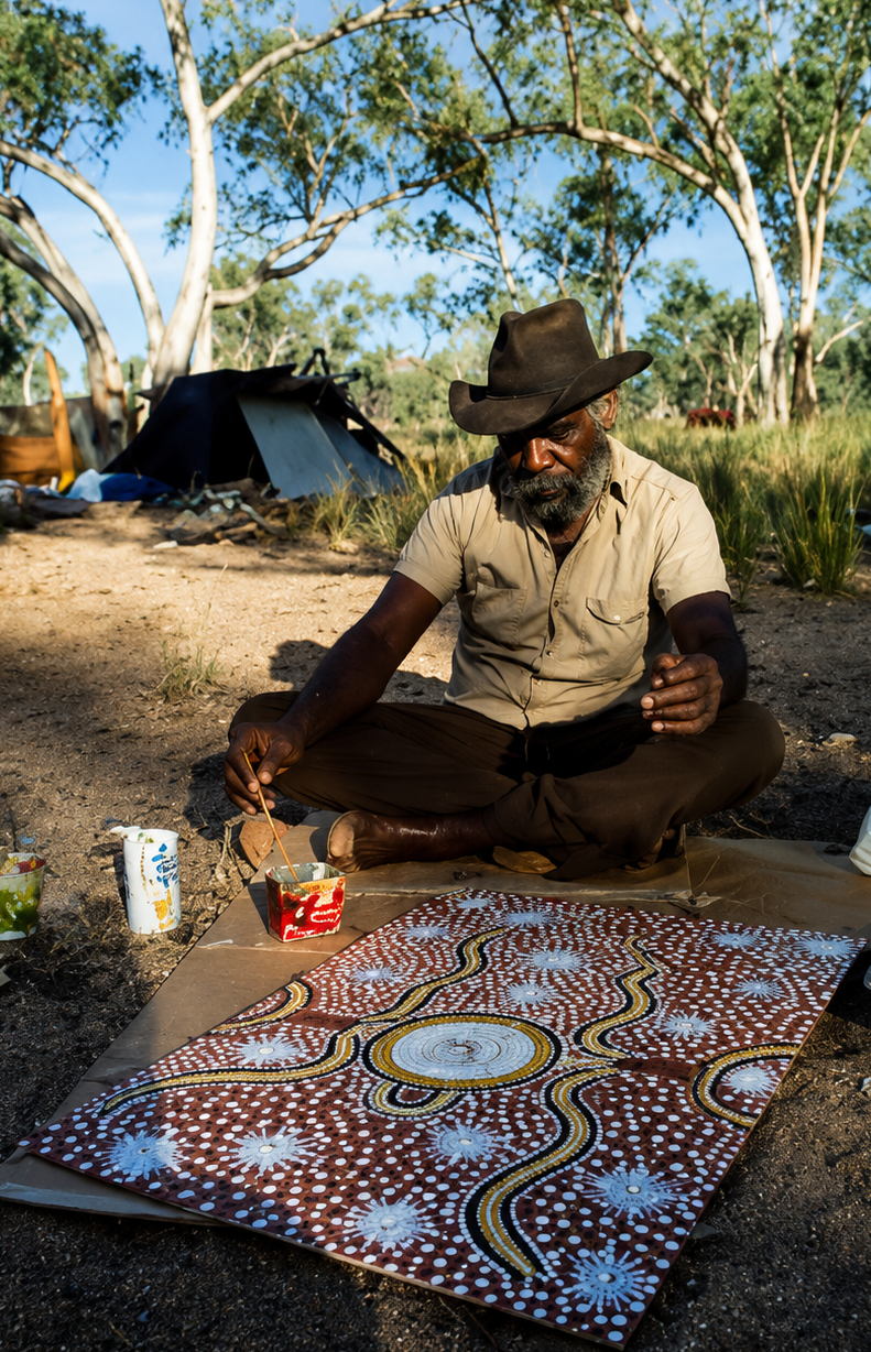 Senior Warlpiri artist Dinny Nolan Tjampitjinpa painting a Water Dreaming artwork on canvas while seated on Country in Central Australia.