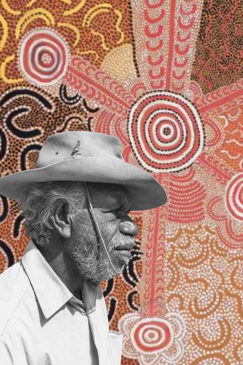 Portrait of senior Warlpiri artist Dinny Nolan Tjampitjinpa with one of his Western Desert Aboriginal paintings featuring Water Dreaming and ceremonial iconography.