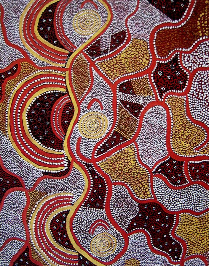 Rainmaking Corroboree by senior Warlpiri artist Dinny Nolan Tjampitjinpa, 1973, depicting ceremonial waterholes, ancestral pathways and Rainmaking Dreaming in the Western Desert painting tradition.