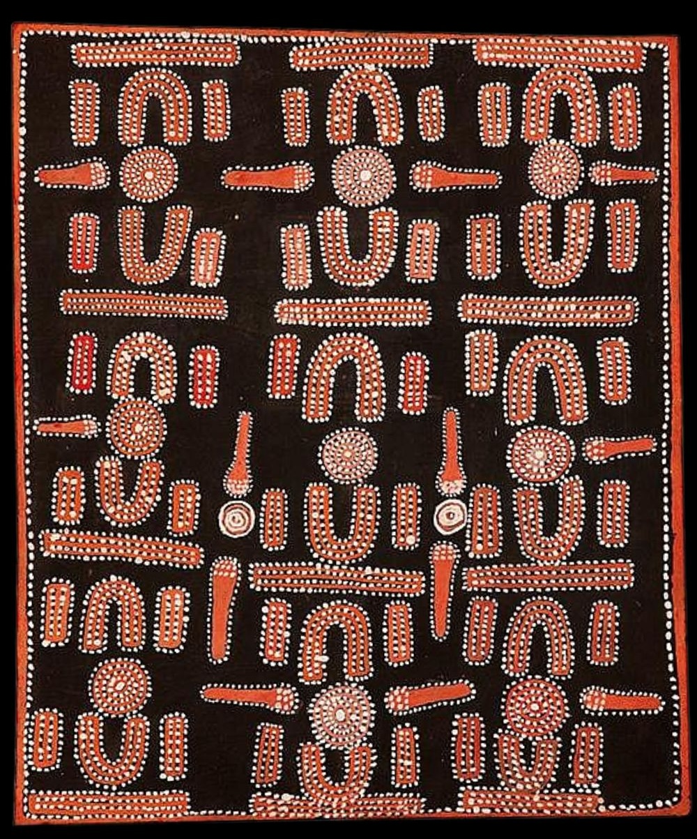 Early Papunya Board by Don Ellis Tjapanangka, c.1971–1972, with concentric circles, U-shaped ceremonial figures and parallel motifs arranged in a symmetrical geometric composition.