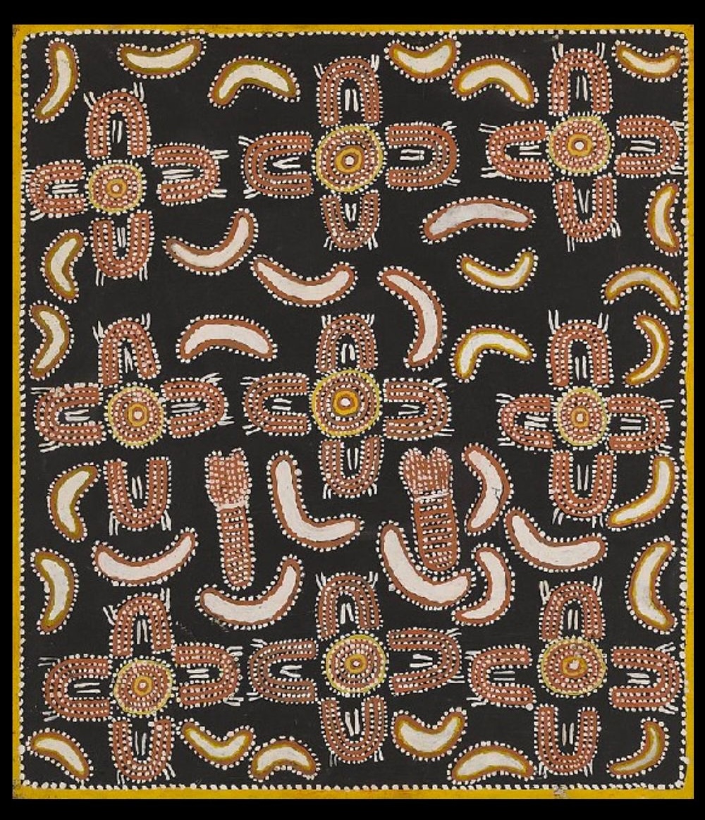 arly Papunya Board by Don Ellis Tjapanangka, c.1971–1972, featuring concentric circles, U-shaped figures and ceremonial motifs painted in ochres, white and black