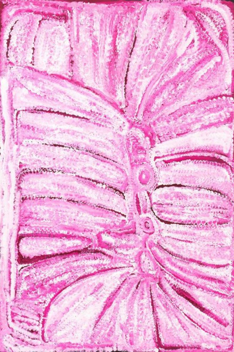 Nyilla (2005) by Eubena Nampitjin, acrylic on linen depicting the Nyilla waterholes and surrounding sandhills in vibrant pink and white.