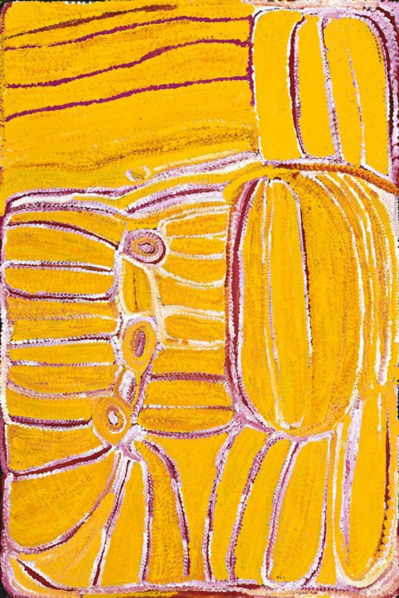 Untitled (2004) by Eubena Nampitjin, acrylic on linen depicting the sandhills and soakwaters of her Country near Kunnawarritji in the Great Sandy Desert.