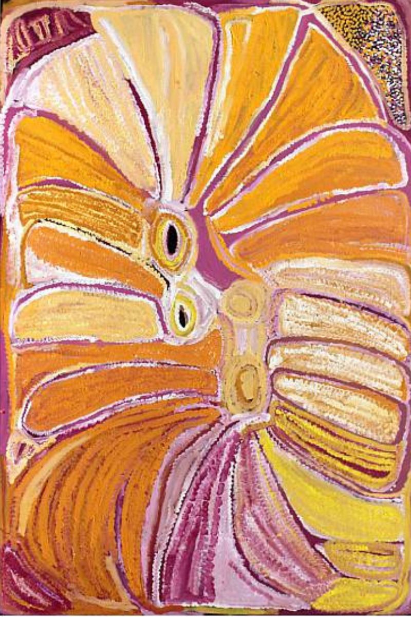 Untitled painting by Eubena Nampitjin showing sweeping bands of ochre, cream, yellow and pink flowing around central waterholes in her distinctive Balgo style.