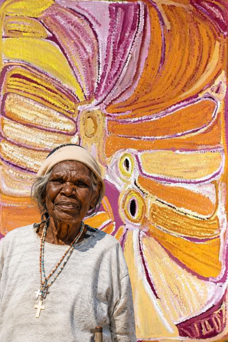 Portrait of Aboriginal artist Eubena Nampitjin standing before her vibrant Kinyu (Spirit Dog) painting from the Balgo art movement.