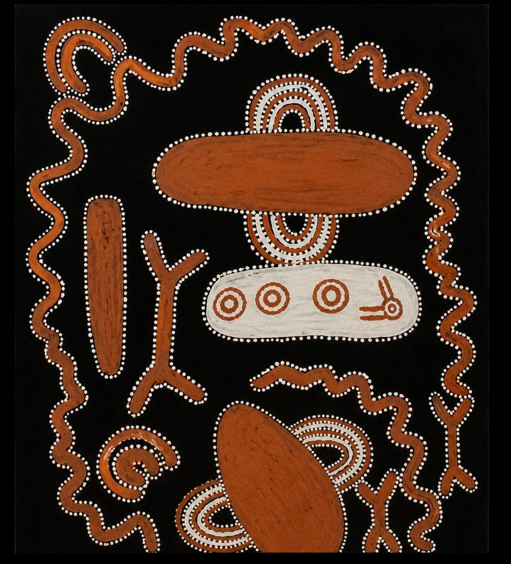Early Papunya Board by George Tjangala titled Men and Women at Snake Ceremony, 1971, featuring concentric circles, elongated ceremonial forms and traditional Western Desert iconography.