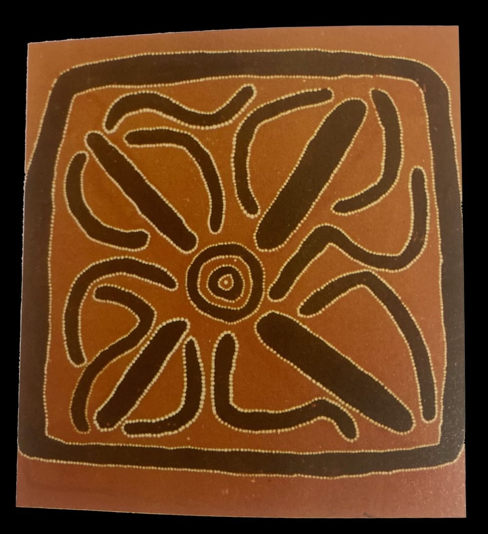 Early Papunya Board by George Tjangala featuring a central concentric circle surrounded by elongated symbolic forms in a balanced radial composition.