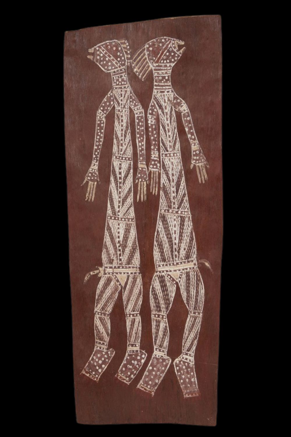 Jackie Madagarlgarl bark painting depicting two ancestral spirit figures in the traditional Gunbalanya style with natural ochre pigments.