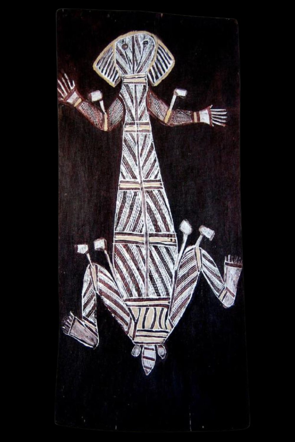 Jackie Madagarlgarl bark painting of Namarrkon, the Lightning Spirit, painted in natural ochres on eucalyptus bark in the Gunbalanya style.