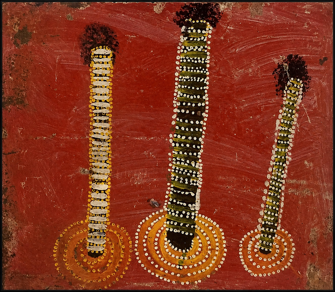 Three Ceremonial Poles by Nosepeg Tjupurrula, painted in 1971, with three decorated vertical ceremonial forms on a red ground.