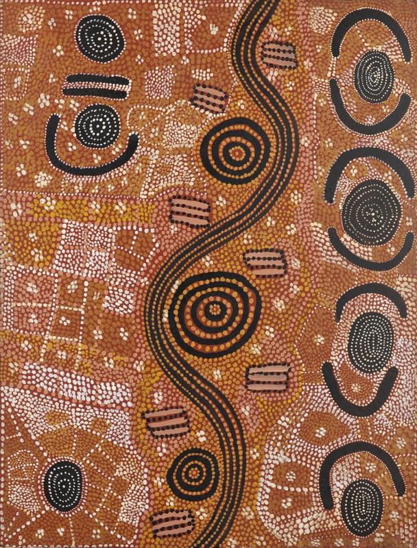 Fire at Lake Mackay by Nosepeg Tjupurrula, 1989, depicting a winding fire path through Lake Mackay Country using concentric circles, travelling lines and traditional Western Desert symbolism.