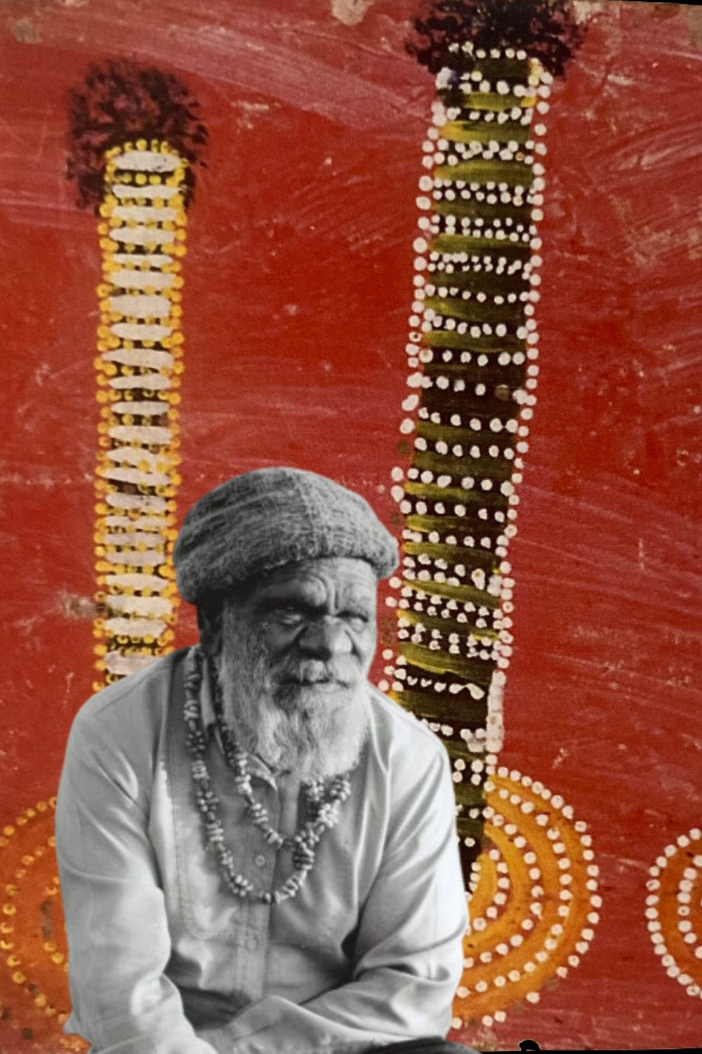 Portrait of Nosepeg Tjupurrula, senior Pintupi ceremonial leader and founding Papunya artist, overlaid on an early 1971 Papunya Board.