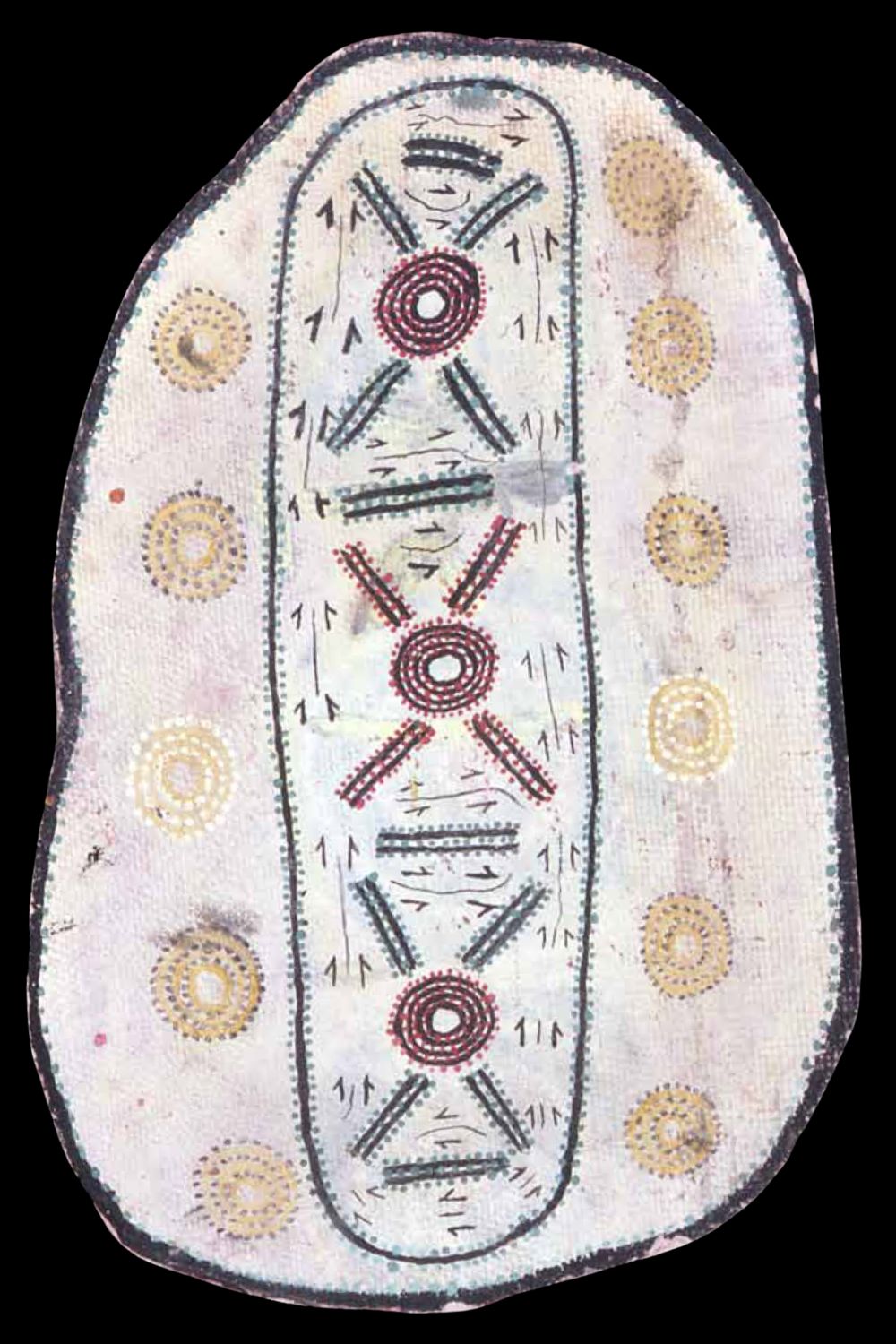 Firesticks, Spears and Stars at Night, c. 1969–1970, attributed to Old Tutuma Tjapangati, early Papunya Board depicting fireplaces, spears and stars during a Pintupi ceremonial gathering.