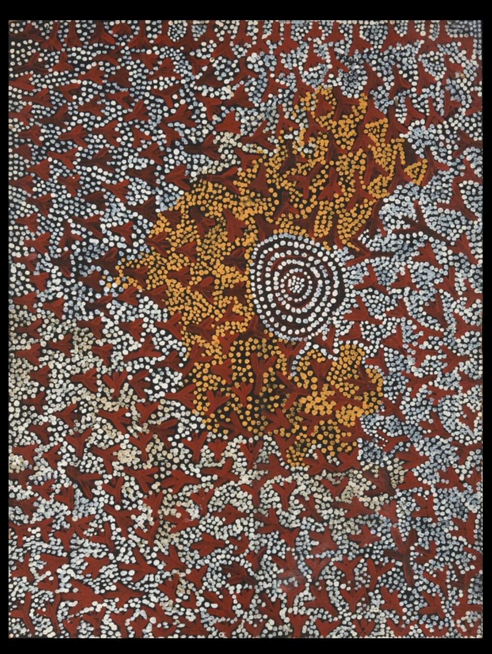 Eagle Dreaming (1974) by Old Tutuma Tjapangati, Western Desert Aboriginal painting depicting a central waterhole surrounded by stylised eagle tracks in white and ochre.