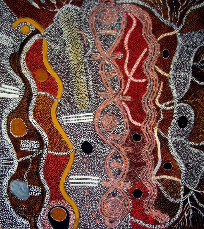 Water and Kampurarpa painting by senior Warlpiri artist Dinny Nolan Tjampitjinpa, 1973, depicting waterholes, ancestral pathways and ceremonial Dreaming through traditional Western Desert iconography.