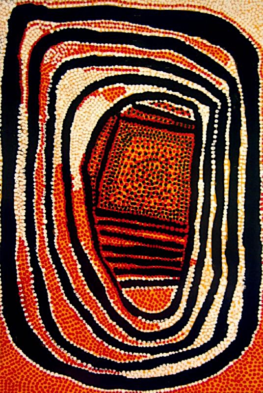 Payiyarrngangya by Old Tutuma Tjapangati, c. 1979, Western Desert Aboriginal painting with concentric bands surrounding a central ceremonial site.