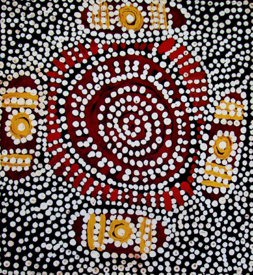 Untitled (1972) by Old Tutuma Tjapangati, early Papunya Board featuring a central concentric ceremonial site surrounded by smaller sacred places against a dense white dotted background.