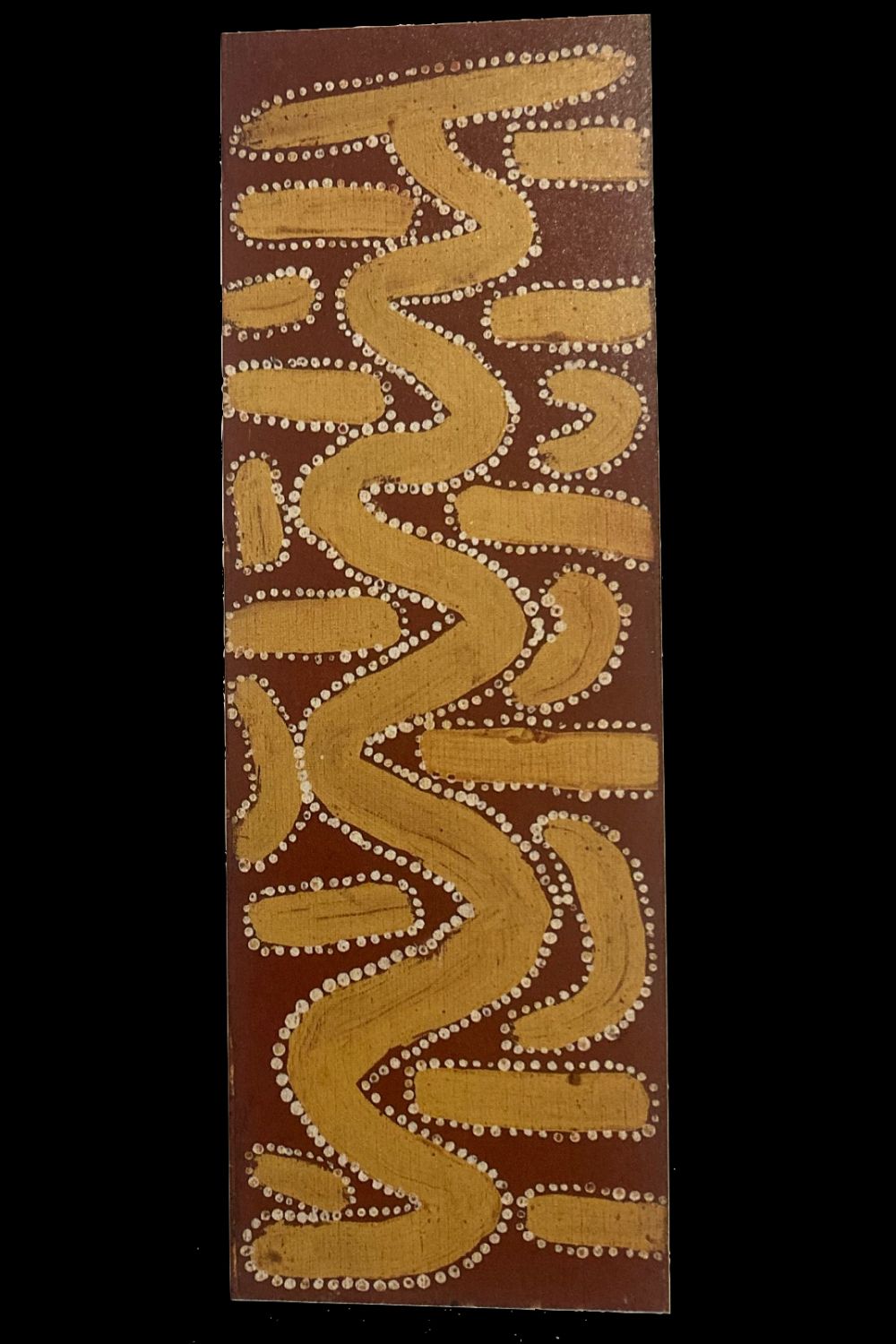 Early Papunya Board by Tommy Lowry Tjapaltjarri depicting Snake Dreaming with a sweeping serpentine pathway and ceremonial sites.