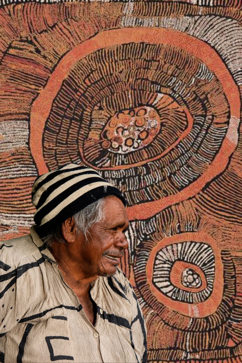 Composite hero image combining a portrait of Naata Nungurrayi with a detail from one of her Western Desert paintings.