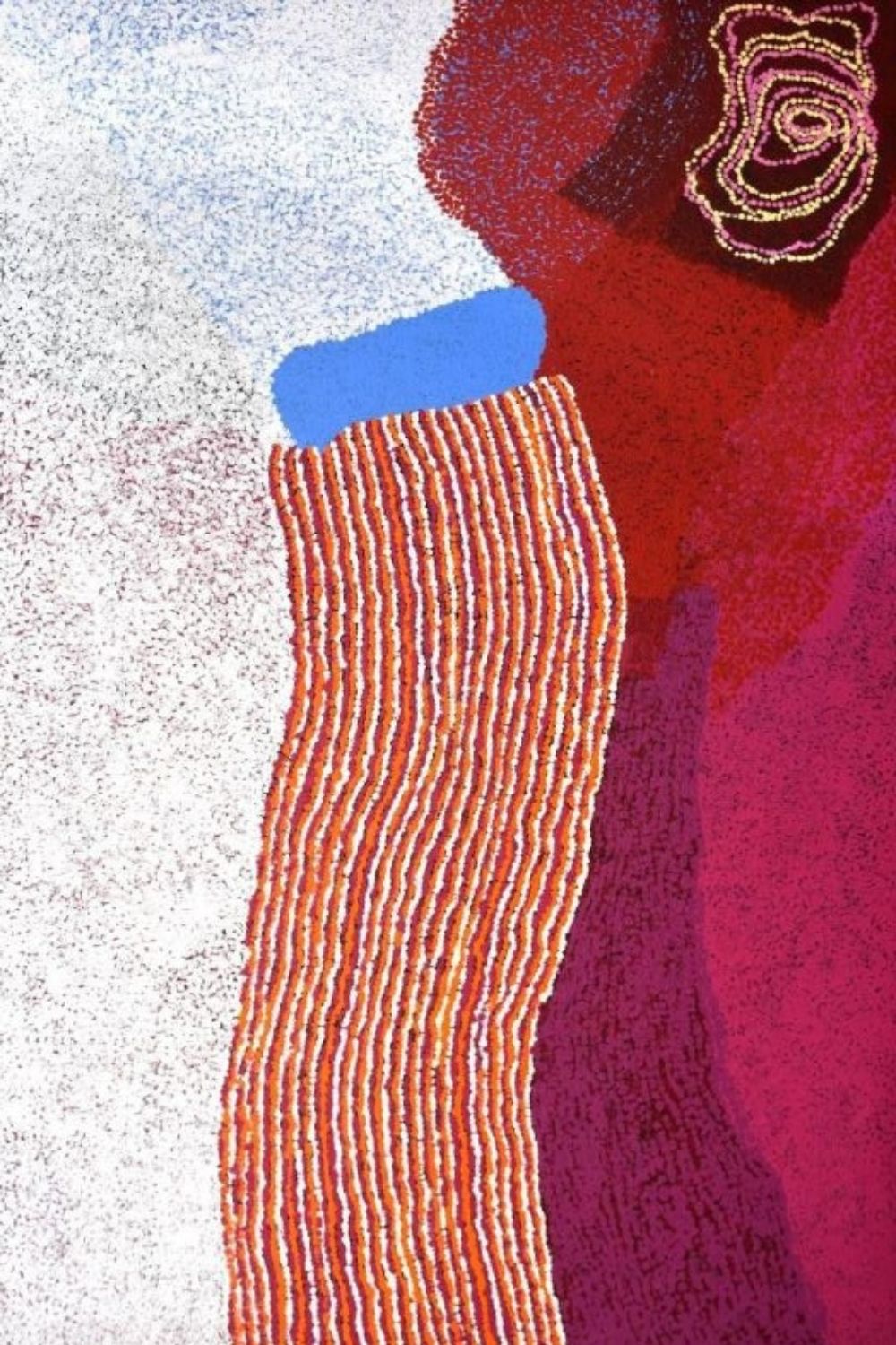 Detail of a Tommy Watson painting featuring flowing bands of white, red, magenta and blue representing the artist's ancestral Pitjantjatjara Country.