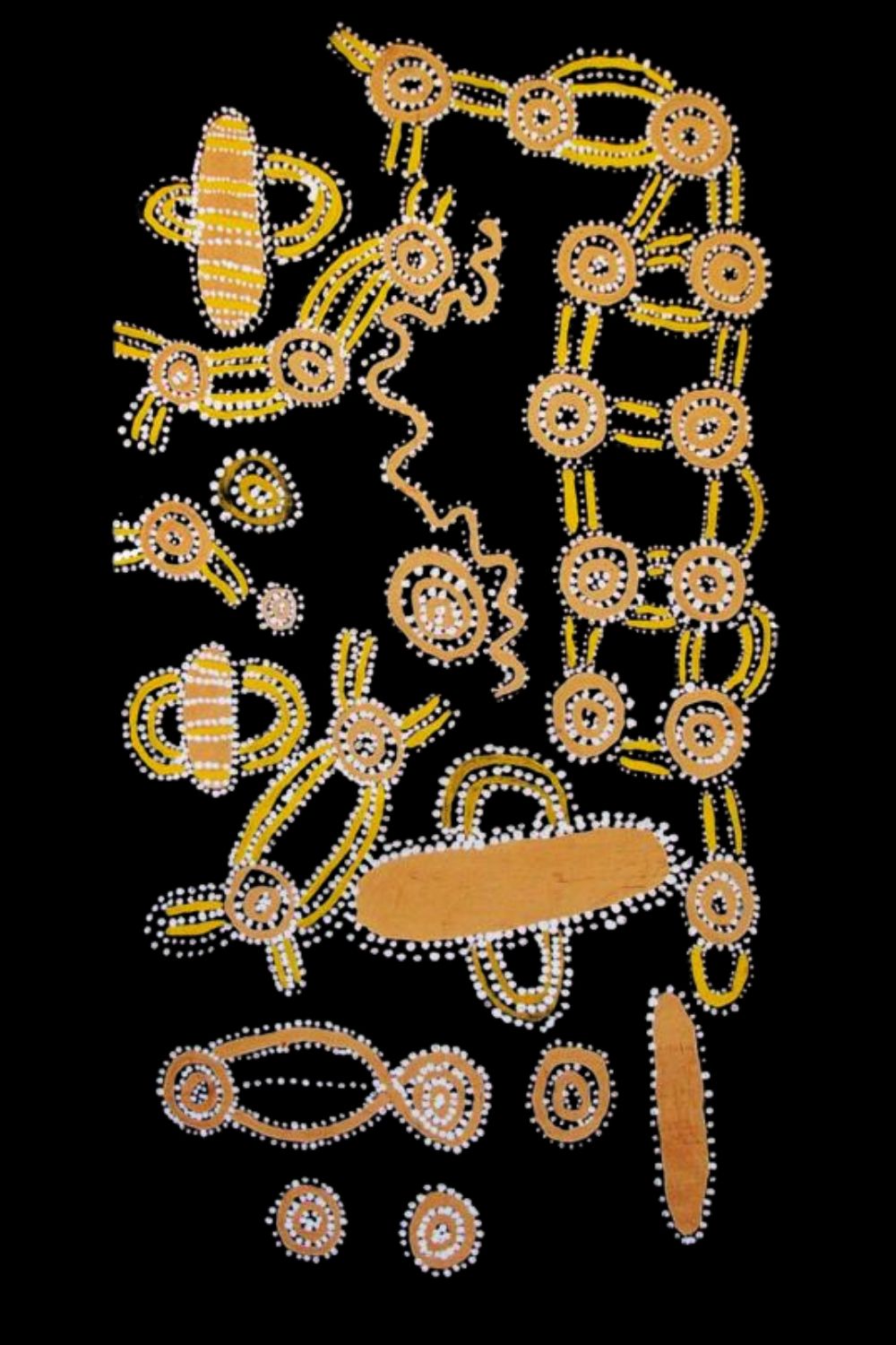 Early Papunya Board by George Tjangala, 1971, featuring concentric circles, connecting lines and traditional Western Desert iconography.