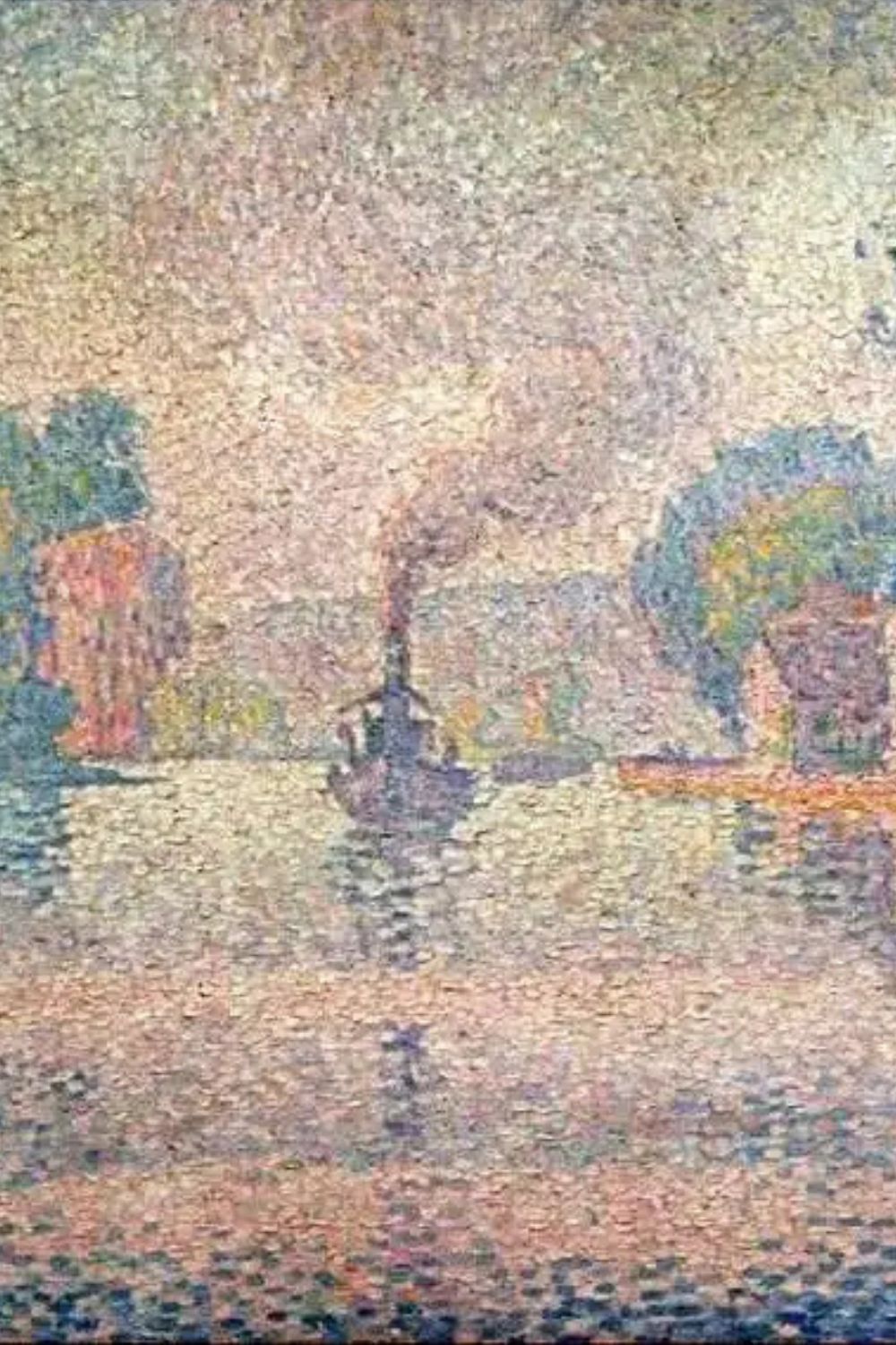 Paul Signac's L'Hirondelle, Steamer on the Seine (1901), a Pointillist painting using small dots of colour for optical colour mixing, contrasted with Aboriginal Dot Art.