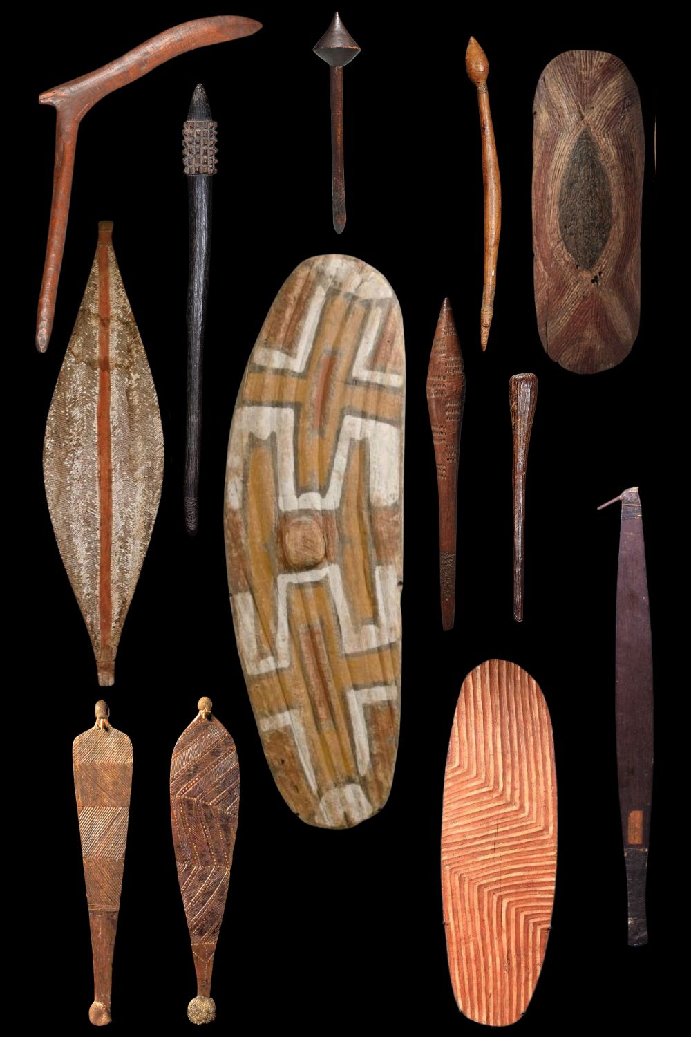 Traditional Aboriginal weapons including boomerangs, spears, spear throwers, shields, clubs and fighting sticks from Aboriginal Australia.