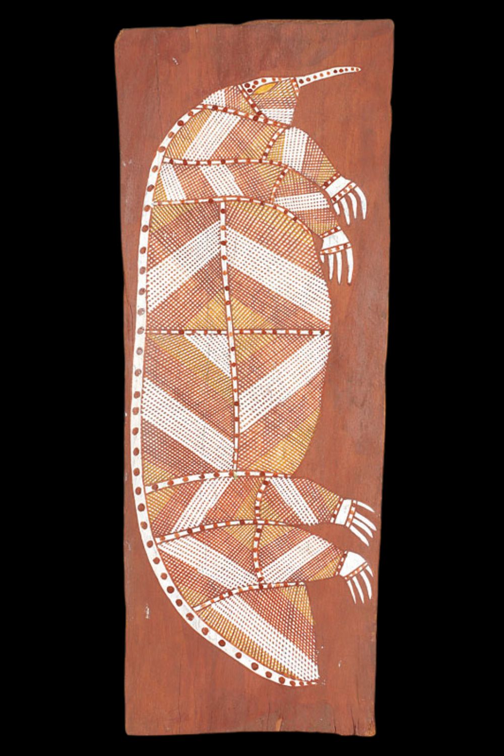 David Milaybuma bark painting depicting an echidna in natural ochres on eucalyptus bark, Western Arnhem Land.