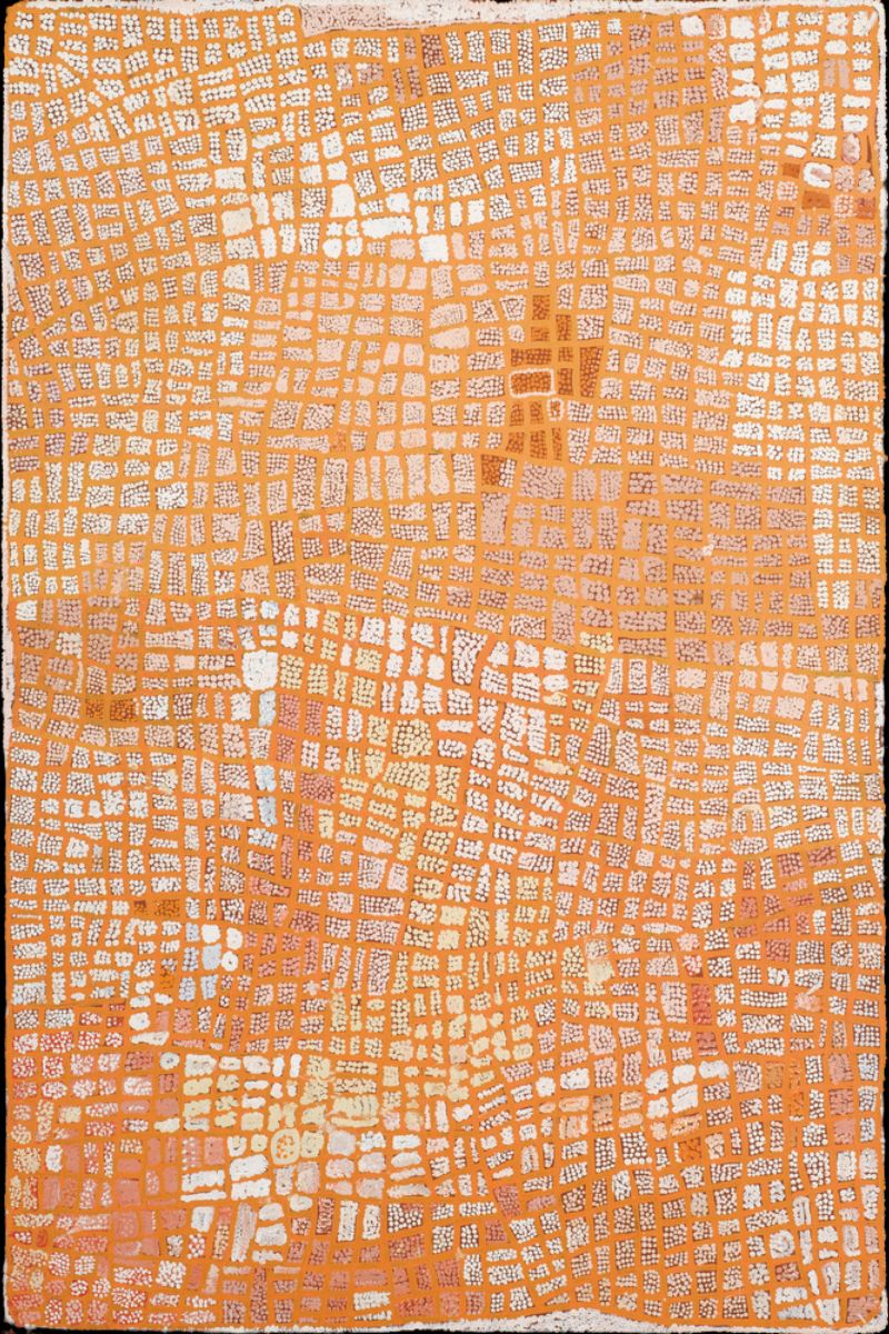 Abstract acrylic painting by Naata Nungurrayi featuring flowing orange sandhill bands overlaid with fine white dotting, characteristic of her Pintupi painting style.