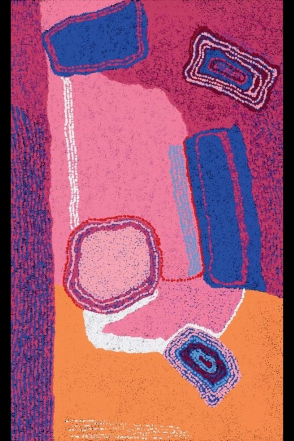 Early painting by Tommy Watson featuring bold pink, blue, orange and white abstract forms inspired by his ancestral Pitjantjatjara Country.
